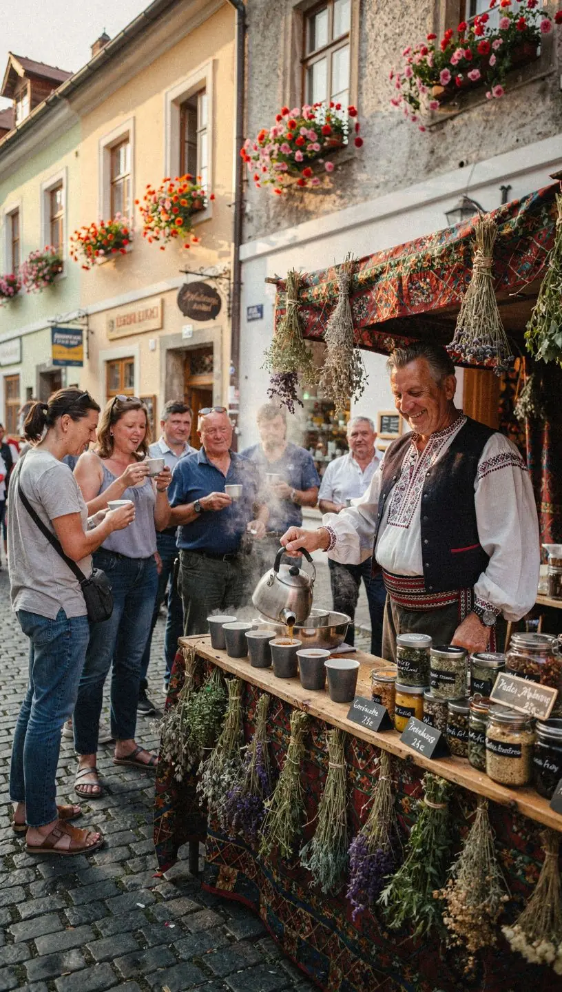 Šálka ovocného čaju s kvetmi a lístkami v pozadí prírody